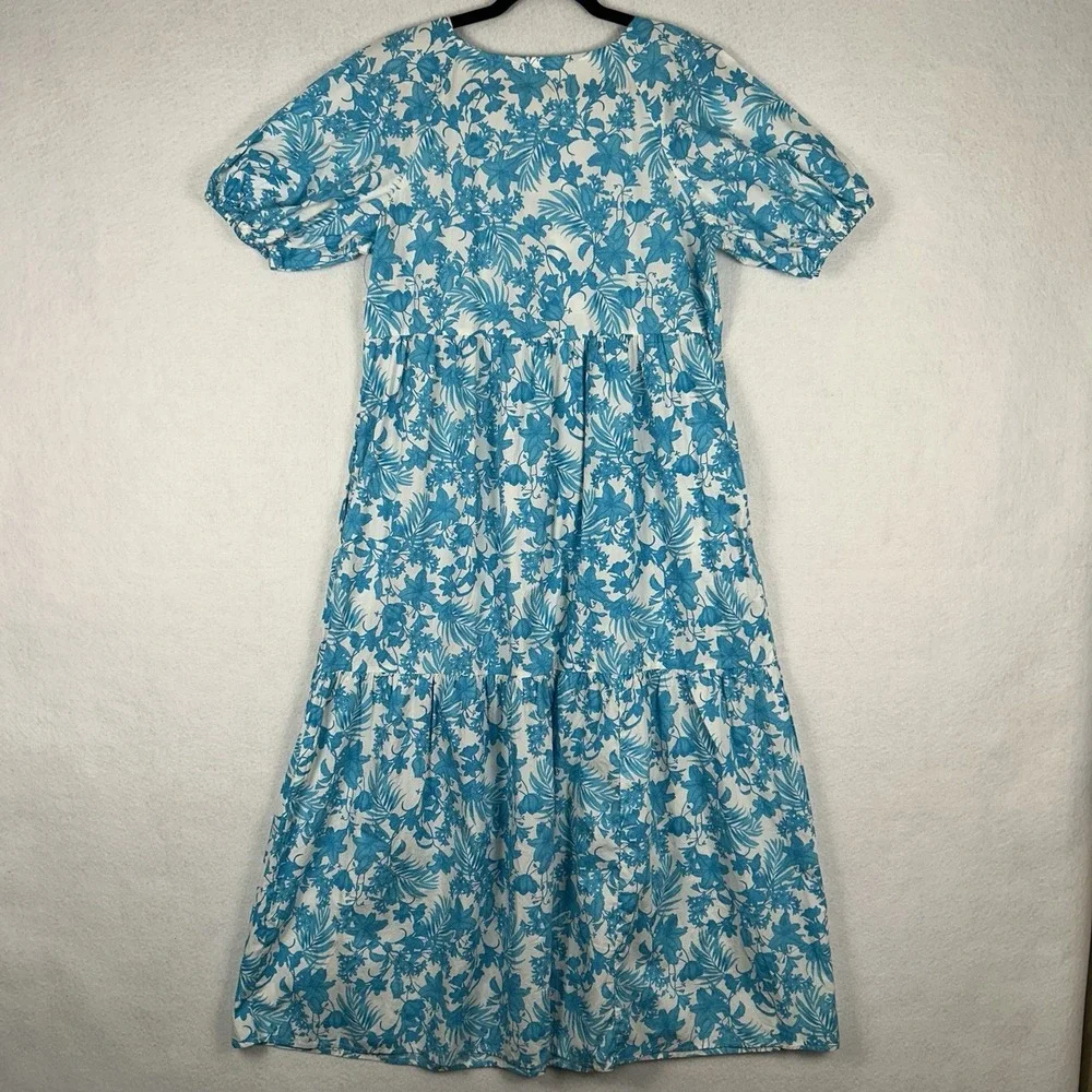 Peyton & Parker Aruba Floral Dress Layered Blue Puff Sleeve Maxi Sun Dress Sz L - Picture 3 of 10